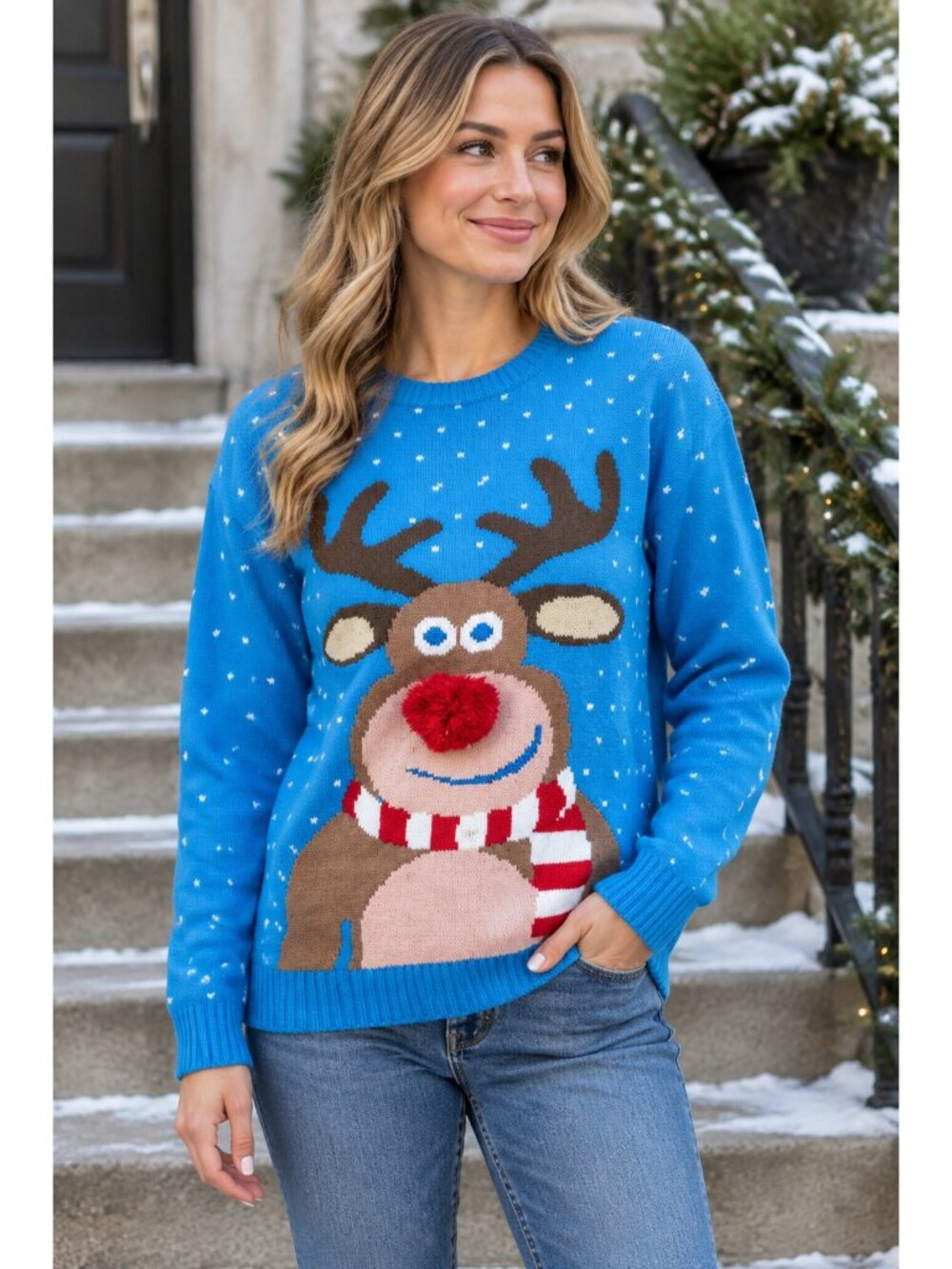 3D Pom-Pom Nose Christmas Reindeer Knit Sweater Crew Neck Long Sleeve Pullover